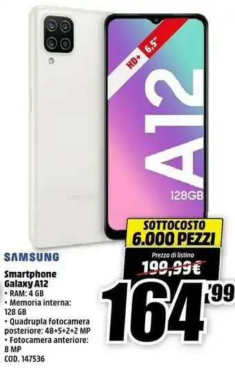 MediaWorld Samsung Smartphome Galaxy A12 offerta