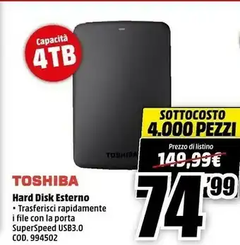 MediaWorld Toshiba Hard Disk Esterno offerta