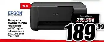 MediaWorld Epson EcoTank ET-2714 Ad Inchiostro A4 5760 X 1440 DPI 33 Ppm Wi-Fi offerta