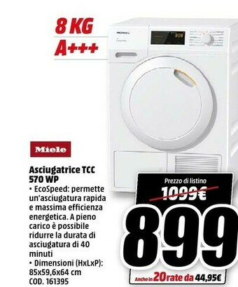 MediaWorld Miele Asciugatrice TCC 570 WP offerta