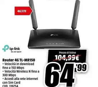 MediaWorld Tp Link TP-LINK TL-MR150 Router Wireless Banda Singola (2.4 GHz) Fast Ethernet 3G 4G Nero offerta