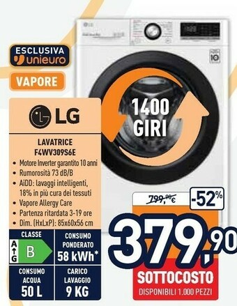Unieuro LG F4WV309S6E Lavatrice Intelligente AIDD 9kg Vapore 1400 Giri/min Carica Frontale Classe B offerta