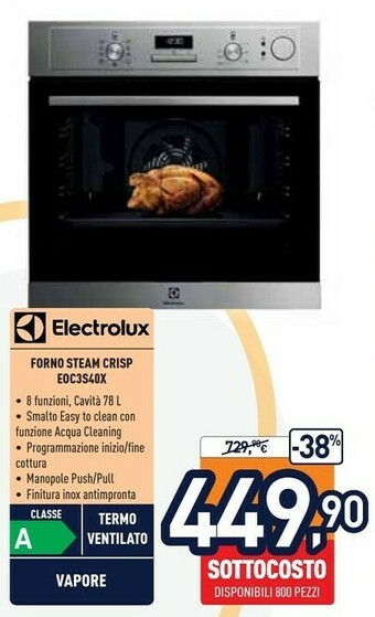 Unieuro Electrolux EOC3S40X Forno Elettrico 72 L 2790 W Acciaio Inossidabile A offerta