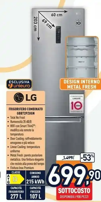 Unieuro LG GBB72PZUFN Frigorifero Con Congelatore Libera Installazione 384 L D Platino, Argento offerta