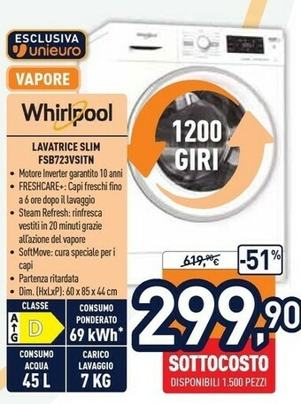 Unieuro Whirlpool Lavatrice Slim FSB723VSITN offerta