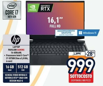 Unieuro HP Pavilion Gaming 16-a0046nl Computer Portatile 40,9 Cm (16.1") Full HD Intel® Core™ I7 Di Decima Generazione 16 GB DDR4-SDR offerta