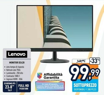 Unieuro Lenovo D24-20 60,5 Cm (23.8") 1920 X 1080 Pixel Full HD LED Nero offerta