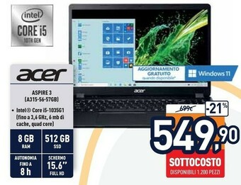 Unieuro Acer Aspire 3 A315-56-57GB Computer Portatile 39,6 Cm (15.6") Full HD Intel® Core™ I5 Di Decima Generazione 8 GB DDR4-SDRAM 5 offerta