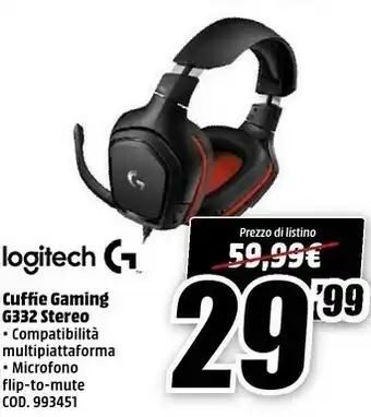 MediaWorld Logitech G G332 Cuffia Padiglione Auricolare Nero, Rosso offerta
