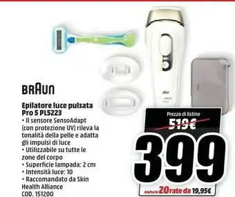 MediaWorld Braun Silk-expert Pro Silk Expert Pro 5 PL5223, Epilatore Luce Pulsata IPL, Epilazione Permanente Dei Peli Visibili Uomo E Do offerta