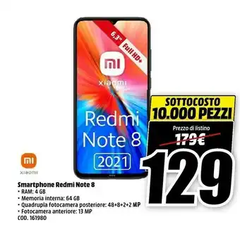 MediaWorld Xiaomi Redmi Note 8 16 Cm (6.3") 4 GB 64 GB Doppia SIM 4G USB Tipo-C Nero 4000 MAh offerta