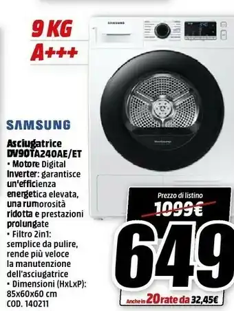 MediaWorld Samsung DV90TA240AE Asciugatrice Libera Installazione Caricamento Frontale 9 Kg A+++ Bianco offerta