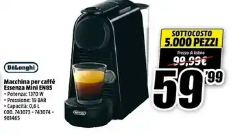MediaWorld DeLonghi Essenza Mini EN85.B Macchina Per Caffè Superficie Piana Macchina Per Espresso 0,6 L Semi-automatica offerta