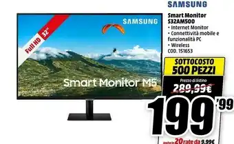 MediaWorld Samsung S32AM500 Smart Monitor Da 32" Flat offerta