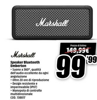MediaWorld Marshall Speaker Bluetooth Emberton offerta