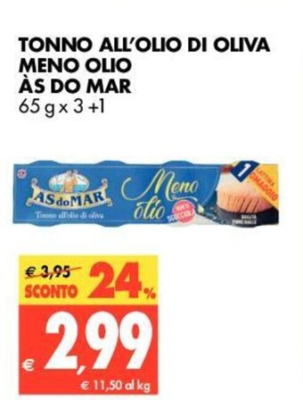 Tigros Às do Mar Tonno All'Olio di Oliva Meno Olio 65g x 3+1 offerta