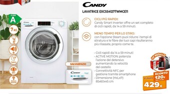Expert Candy Smart Inverter EXCSS4127TWMCE11 Lavatrice Caricamento Frontale 7 Kg 1200 Giri/min A Bianco offerta