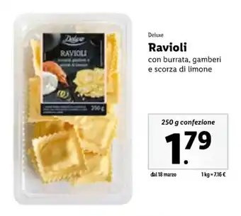 Lidl Deluxe Ravioli con burrata, gamberi e scorza di limone 250 g confezione offerta