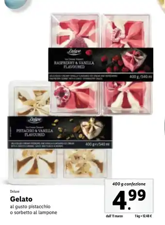Lidl Deluxe Gelato al gusto pistacchio o sorbetto al lampone 400 g confezione offerta