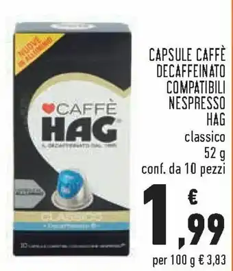 Conad Hag Capsule Caffè Decaffeinato Compatibili Nespresso classico 52 g conf. da 10 pezzi offerta