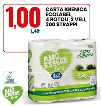 Eurospin Carta Igienica Ecolabel, 4 Rotoli, 2 Veli, 300 Strappi offerta