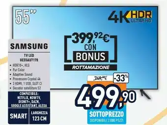 Unieuro Samsung TV Crystal UHD 4K 55” UE55AU7170 Smart TV Wi-Fi Titan Gray 2021 offerta
