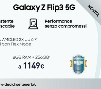 Unieuro Samsung Galaxy Z Flip3 5G 256GB Cream RAM 8GB Display 1,9" Super AMOLED/6,7" Dynamic AMOLED 2X offerta