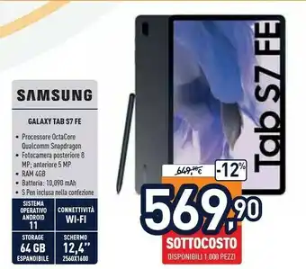 Unieuro Samsung Galaxy Tab S7 FE SM-T738UZKA 5G 64 GB 31,5 Cm (12.4") Qualcomm Snapdragon 4 GB Android 11 Nero offerta