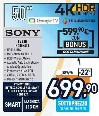 Unieuro Sony BRAVIA KD50X81J - Smart Tv 50 Pollici, 4k Ultra HD LED, HDR, Con Google TV (Nero, Modello 2021) offerta