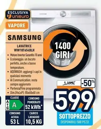 Unieuro Samsung WW10T654DLH Lavatrice Caricamento Frontale 10,5 Kg 1400 Giri/min Bianco offerta