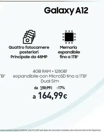 Unieuro Samsung Galaxy A12 SM-A125F 16,5 Cm (6.5") 4G USB Tipo-C 4 GB 128 GB 5000 MAh Blu offerta