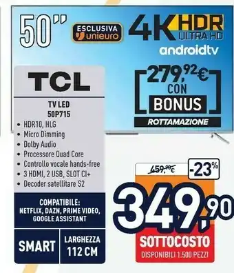 Unieuro TCL 50P715 TV 127 Cm (50") 4K Ultra HD Smart TV Wi-Fi Argento offerta