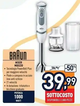 Unieuro Braun MultiQuick 9 MultiQuick 5 Vario MQ 5220 WH 0,6 L Frullatore Ad Immersione Grigio, Acciaio Inossidabile, Bianco 1000 W offerta