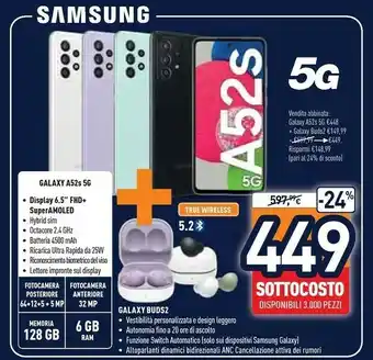 Unieuro Samsung Galaxy A52s 5G Display 6.5” FHD+ Super AMOLED 128GB Awesome Green offerta