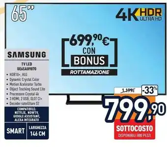 Unieuro Samsung Series 9 TV Crystal UHD 4K 65” UE65AU9070 Smart TV Wi-Fi Black 2021 offerta