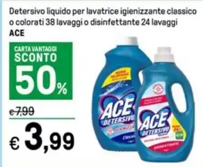 Iper La Grande Detersivo liquido per lavatrice igienizzante classico o colorati 38 lavaggio disinfettante 24 lavaggi ACE offerta