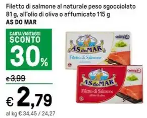 Iper La Grande Filetto di salmone al naturale peso sgocciolato 81 g, all'olio di oliva o affumicato 115 g AS DO MAR offerta