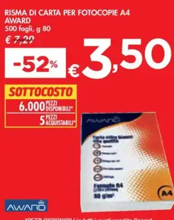 Bennet RISMA DI CARTA PER FOTOCOPIE A4 AWARD 500 fogli, g 80 offerta
