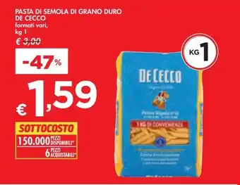 Bennet PASTA DI SEMOLA DI GRANO DURO DE CECCO formati vari, kg 1 offerta