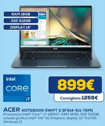 Euronics ACER NOTEBOOK SWIFT 3 SF314-511-72M1 offerta
