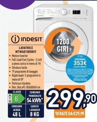 Unieuro Indesit LAVATRICE MTWA81285WIT offerta