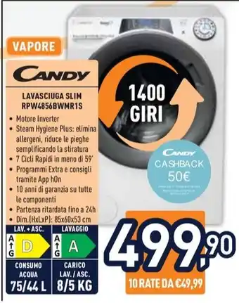 Unieuro Candy LAVASCIUGA SLIM RPW4856BWMR1S offerta