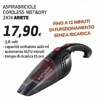 Ipercoop Ariete Aspirabriciole Cordless Wet & Dry 2474 offerta