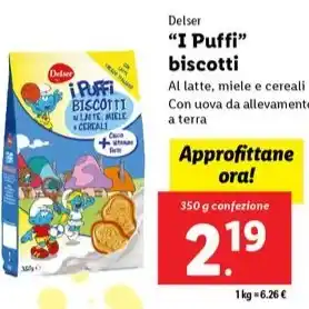 Lidl Delser "I Puffi" biscotti Al latte, miele e cereali 350 g confezione offerta