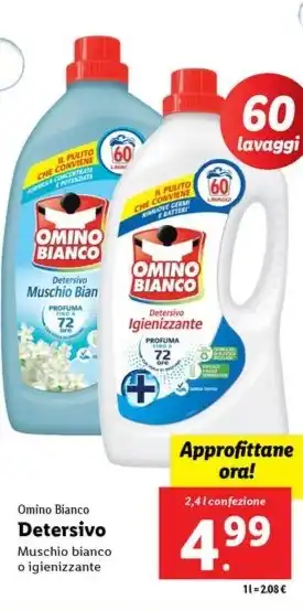 Lidl Omino Bianco Detersivo Muschio bianco o igienizzante 2,4 l confezione offerta