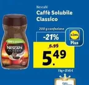 Lidl Nescafé Caffè Solubile Classico 200 g confezione offerta