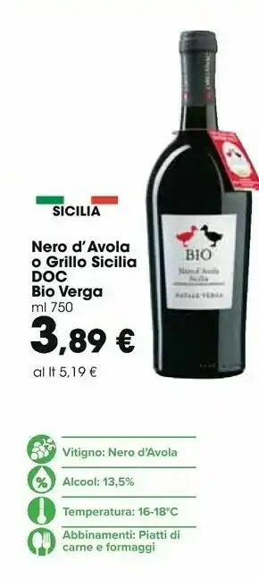 Carrefour Market Bio Verga Nero D'avola O Grillo Sicilia offerta