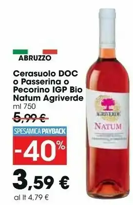 Carrefour Market Agriverde Vino Pecorino Biologico Vegano Natum Terre Di Chieti 750 G(ml) offerta