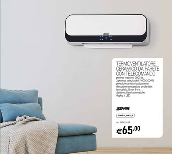 Brico OK Zephir Termoconvettore Ceramico Da Parete Bianco C/Telec. 1000-2000W Timer offerta