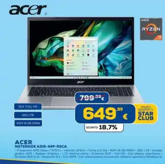 Euronics ACER NOTEBOOK A315-44P-R3CA offerta